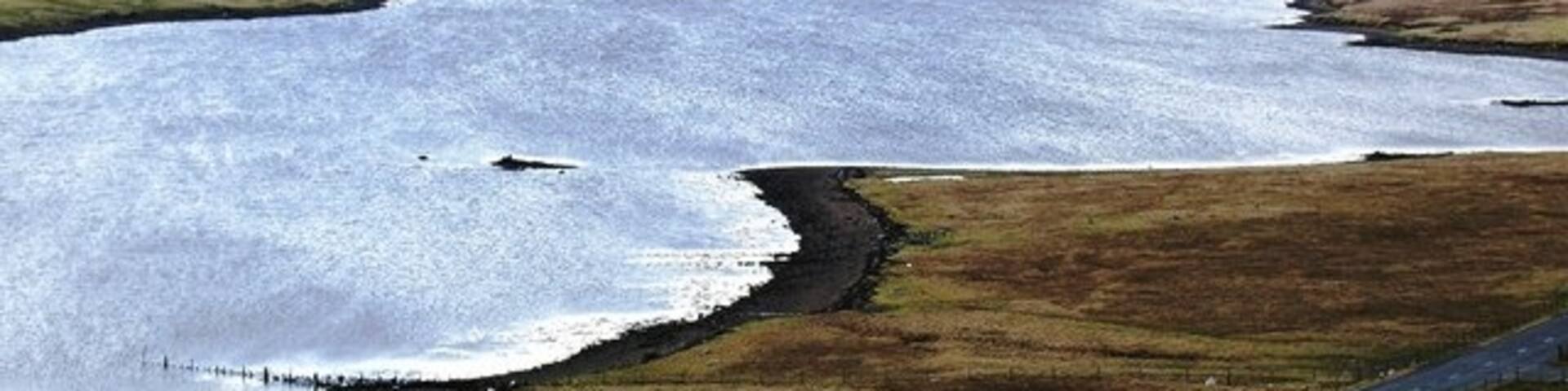 Nousta Skerry, Effirth Voe, Shetland. The community of Effirth is in the distance across the voe.
