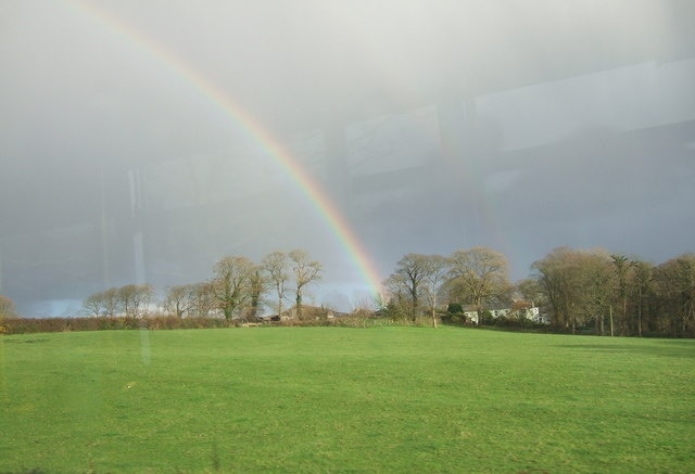 Rainbow's end Pant-y-Philip farm near Scleddau on a November afternoon. Snapped from the bus!