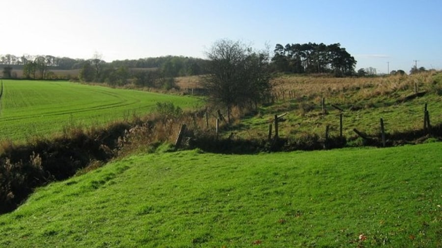 Photo "Crossford Burn. Looking SW along the Crossford Burn in the direction of Pitliver. A mix of arable land and parkland. Taken from the edge of Crossford village." by Richard Webb (Creative Commons Attribution-Share Alike 2.0) / Cropped from original
