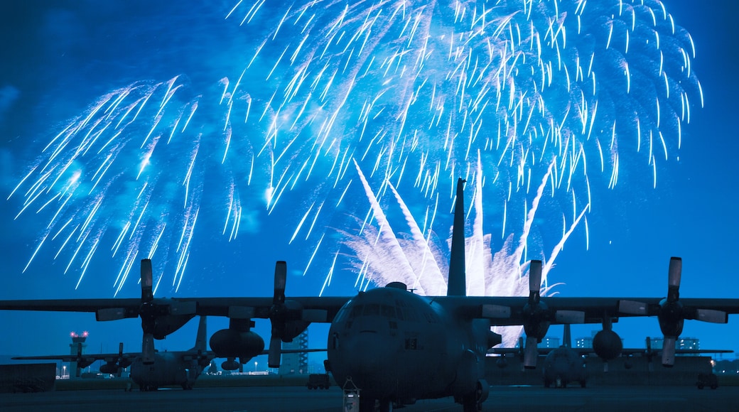 Fireworks burst over Yokota Air Base, Japan, July 4, 2012, during a celebration event. Although many festivals include spectacular fireworks displays, personal fireworks shows are strictly prohibited for all Status of Forces Agreement personnel in Japan, according to Marine Corps Bases Japan Order 11320.1, fire protection regulations and instructions. (Courtesy photo by Yasuo Osakabe/Released)