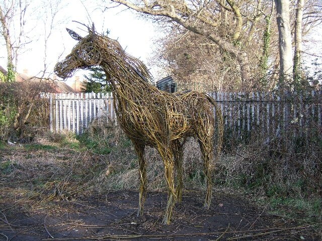 Horse, made with willow This life size sculpture has been made using willow withes.