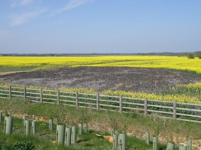 Mega pooh, Great Barford. A favourite on geograph, this has the appearance of a giant cow pat, but the smell says otherwise. Dried bio-solid is the polite term, field stored for autumn application as a fertiliser.