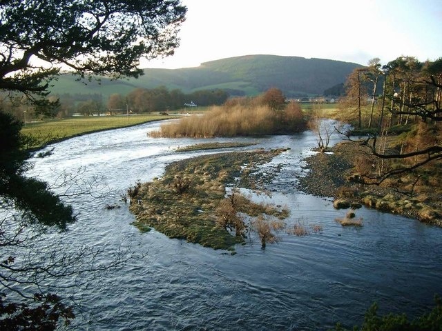 The Leithen Water meets the Tweed Just south of Innerleithen. The Leithen Water is flowing in from the right. Both rivers are very high after two weeks of almost continuous rain.