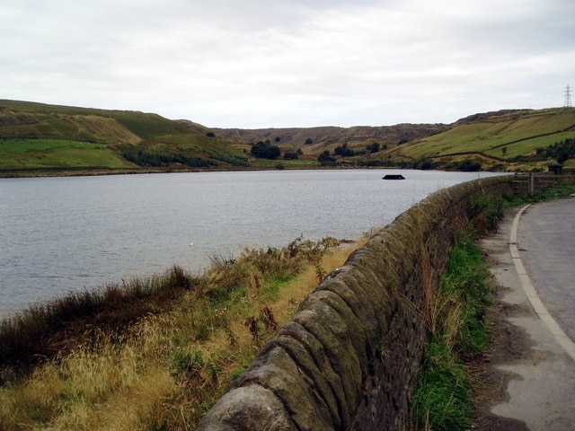 Cowm Reservoir, Whitworth, Lancashire The area of the reservoir actually extends into four gridsquares. The photograph was taken from the south-east corner.