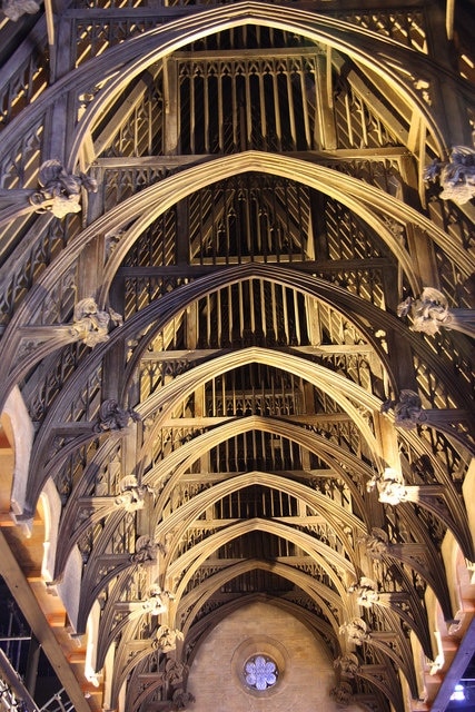 Hammerbeam roof for Hogwarts Great Hall, actually a scale model digitally added afterwards. Prop at the Warner Brothers Studio Tour.