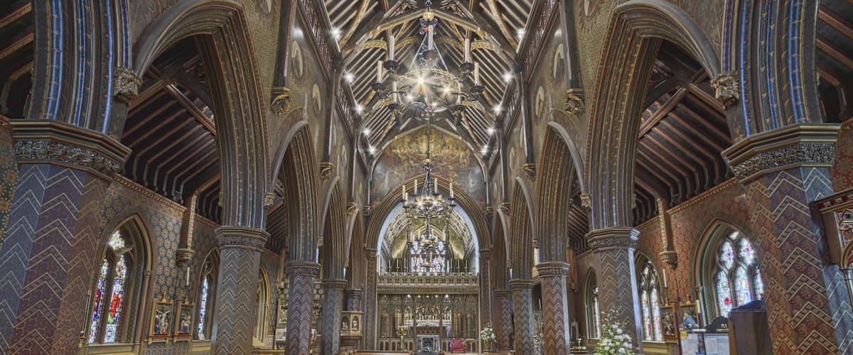 Inside the Roman Catholic church of St Giles, Cheadle, Staffordshire, looking southeast to the chancel screen