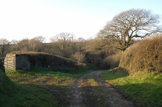 Bridleway from East Bridge Farm. Newton St Petrock Bridleway 6 leaves the yard shown in 697816 and approaches 692440.