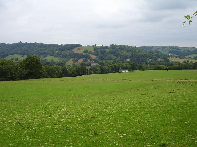 Pasture near Llandinam The church visible in the centre of the photo is St Llonio's in SO0288.