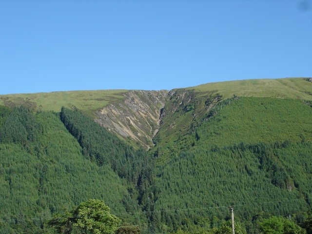 Gulley on hillside east of Kilfinnan Loch Lochy. Deeply eroded gulley held in place by trees.