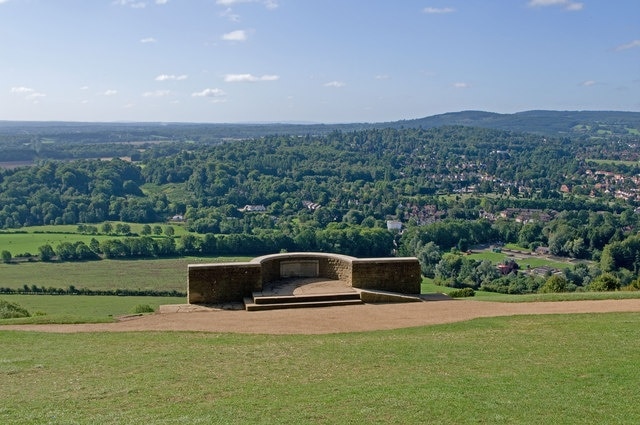 Salomons Memorial viewpoint at Box Hill, Surrey. Views over Dorking and Leith Hill.