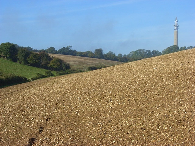 Arable land, Stokenchurch A field on the northern side of a dry valley. The mast is in SU7496.