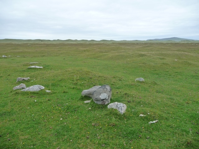 Berneray machair A vast expanse of machair inland of the west beach. This picture was taken from the spot where a souterrain is marked on the OS map. I failed to find any sign of it.