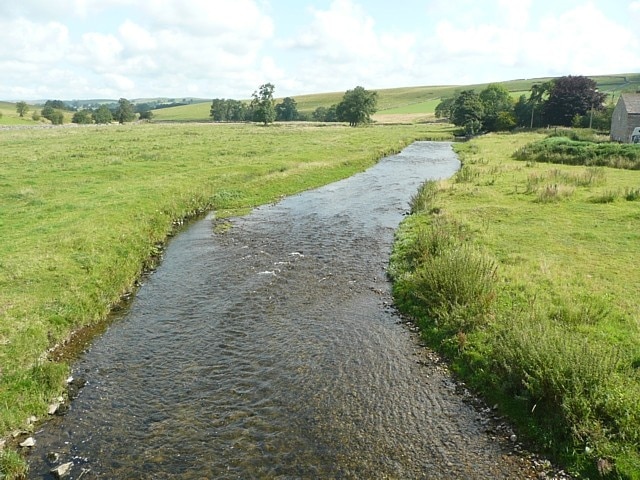 The River Aire at Bell Busk, Coniston Cold CP Looking upstream from the bridge.