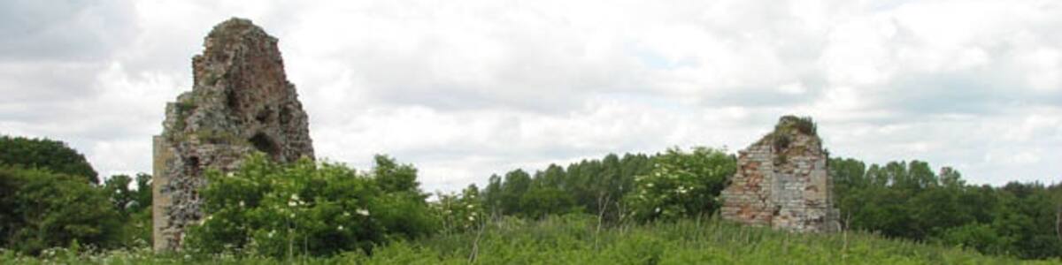 Photo "The ruined St Michael's church. The fenced-off ruins of St Michael's church > 1322477 are situated on an elevation, surrounded by fields on all sides. Only sections of the nave walls survive, revealing that the building materials used were carstone, stone, brick and fragments of metal working debris. Remains of a C11/C12 arch are now in King's Lynn Museum and the font is in a nearby garden. The church once stood in a now deserted village the exact extent of which is not known. Several villages are documented to have existed in this area until at least up to the 16th century. It was during that period that the then landowner - Thomas Thursby and his son - evicted their tenants by pulling down their dwellings and depriving them of their commons in order to turn the area into farmland that was converted to sheep pasture in numerous villages (four of which now lost), reminiscent of the Clearances in Scotland. Two churches have survived, albeit as ruins: St Mary's is situated north of the B1145 and St Michael's to the south of the road. This land is private and was accessed with kind permission of the owner." by Evelyn Simak (Creative Commons Attribution-Share Alike 2.0) / Cropped from original