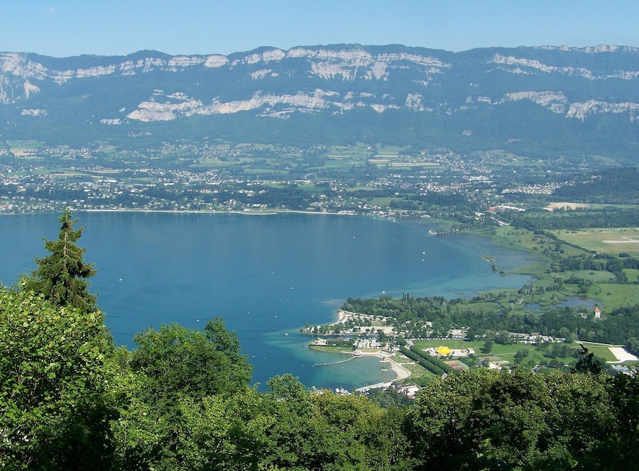 Sight of southern part of lac du Bourget lake, from the heights of le Bourget-du-Lac near Chambéry in Savoie, France.