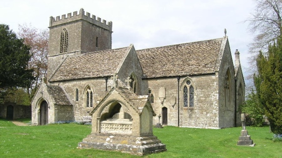 Photo "Parish church of St John the Baptist, Hinton Charterhouse, Somerset, seen from the southeast. In the foreground is the chest tomb of Thomas Marlbro, who died in 1853." by ChurchCrawler (Creative Commons Attribution-Share Alike 2.0) / Cropped from original