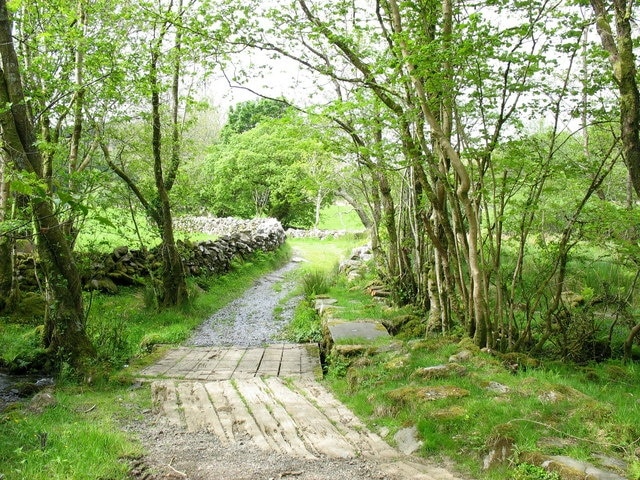 Bridges over Afon Tafarn-helyg The sleeper bridge has been constructed to take place of the original ford. To the right of it is old footpath bridge. Afon Tafarn-helyg can be as translated as 'willow-tavern stream'.