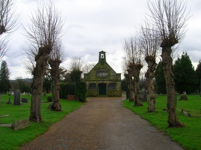 Chapel of Rest, Crowborough Cemetery Front view of 316462 the drive lined by recently pollarded trees.