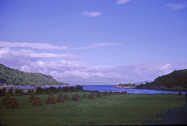 Loch Feochan, Argyll & Bute taken 1963 Looking over farmland towards the Isle of Mull, which may possibly be seen in the distance. Note the interesting hay stacks. The land at right is Ardentallen Point. The rock in the middle of the channel might be Sgeir Dhubh.