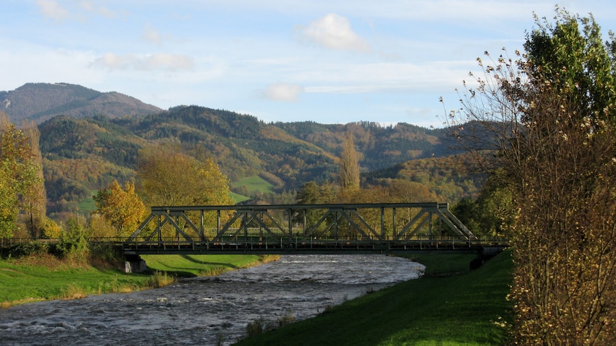 Photo "Brücke der Elztalbahn über die Elz bei Sexau, im Hintergrund der Kandel" by Andreas Schwarzkopf (Creative Commons Attribution-Share Alike 3.0) / Cropped from original