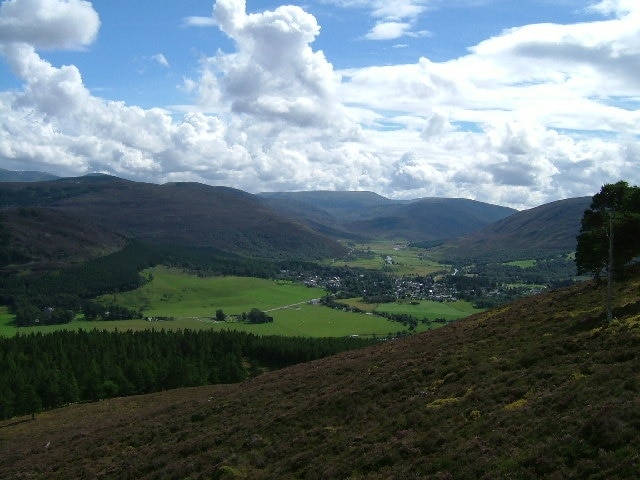 Glen View. On the shoulder of Creag a Chleirich looking over the tree line, Braemar in the distance.