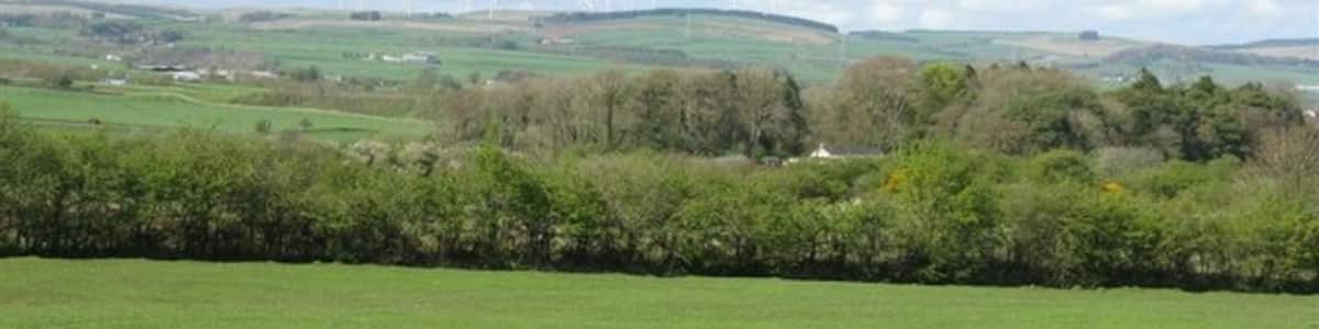 Photo "Looking towards the valley of the Kirtle Water Typical Borders and Dumfries & Galloway landscape of mixed farming, woodland and wind turbines." by M J Richardson (Creative Commons Attribution-Share Alike 2.0) / Cropped from original