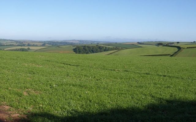 Countryside north of Strete From a gate on Totnes Road on the northern edge of the village, a view across the rolling South Hams landscape. The wood is in the valley (a tributary of the Gara) below the farms at Fuge.