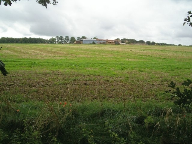 Downs Farm. Looking across the field to Downs Farm from the footpath along a green lane.