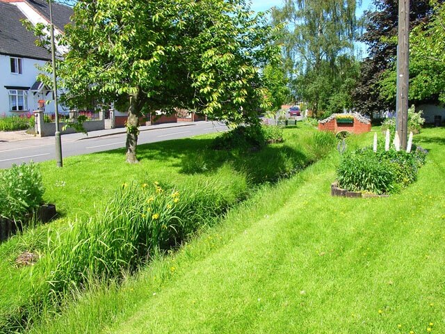 Coton in the Elms. An attractive little green triangle at a road junction, with Pessall Brook running down the middle.