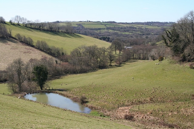 West Anstey: towards Dunsley Mill. Looking south west from the bridleway below Badlake Farm