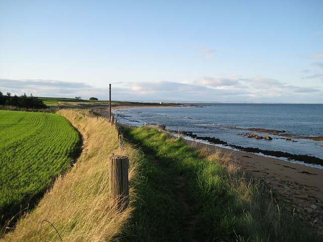 Late afternoon on the Fife coast Looking along the Fife Coastal Path towards Babbet Ness. The smudge along the horizon is a distant view of the coast across the Tay estuary around Monifieth.