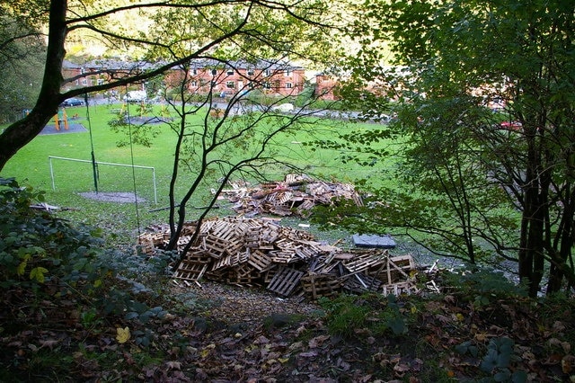 Bonfire under construction at recreation ground, Eaves