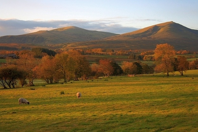 Pasture Near Hutton Moor End View south east in morning sunshine looking to the peaks of Clough Head (right - NY3322) and Great Dodd (NY3420).