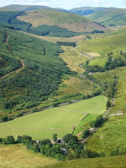 Ettrick Valley. Looking South West from Craig Hill. The Southern Upland way follows the road below.