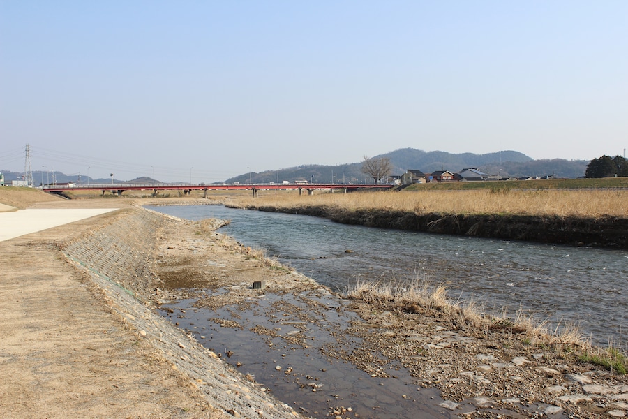 鳥取県倉吉市丸山付近。下流方向の小鴨橋を望む。