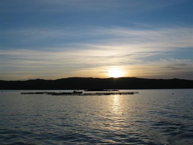 Sunset over fish farm cages.