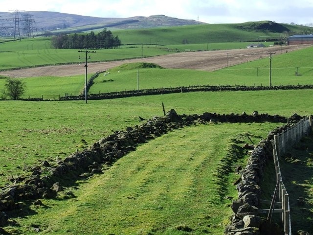 Motte at Pennytersal Farm The motte is the mound in the middle distance. Viewed from the cycle path on the former Princes Pier railway line.