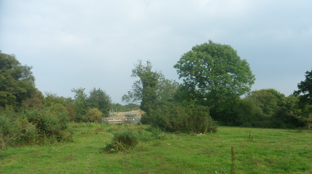 One of a series of photos chronicling the development of Crawley New Town's 14th residential neighbourhood, Forge Wood. This view shows land at the northern end of the Phase 1 development area, shortly before work started in the vicinity. Some building work can be seen directly in front, blocking the public footpath which runs through this field.
