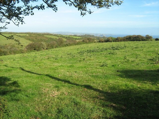 Farmland near Chyandour Brook Looking south east towards Mount's Bay, with St Michael's Mount just visible.