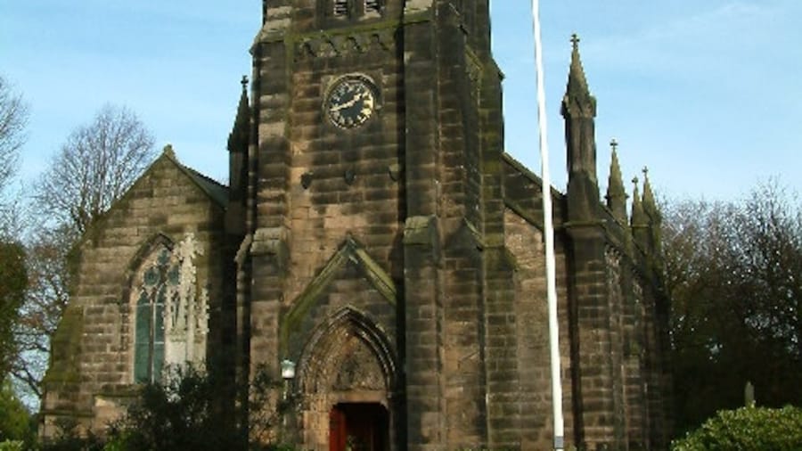 Photo "Holy Trinity parish church, Bickerstaffe, Lancashire, seen from the southwest" by Peter Hodge (Creative Commons Attribution-Share Alike 2.0) / Cropped from original