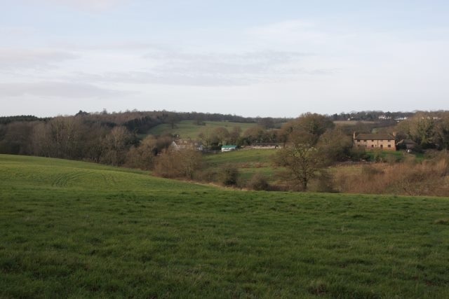 View from the Hertfordshire Way The field boundary is Hemps Hill Brook, beyond which can be seen buildings on Vineyards Road with Nyn Park in the distance.