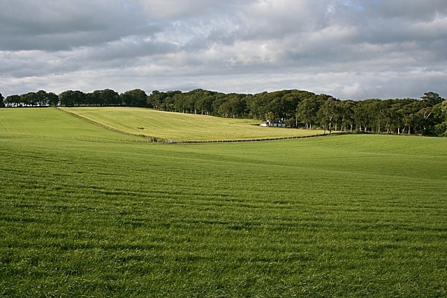 Netherdale Mixed arable and grassland, with one of the cottages at the Home Farm of Netherdale in the middle distance.