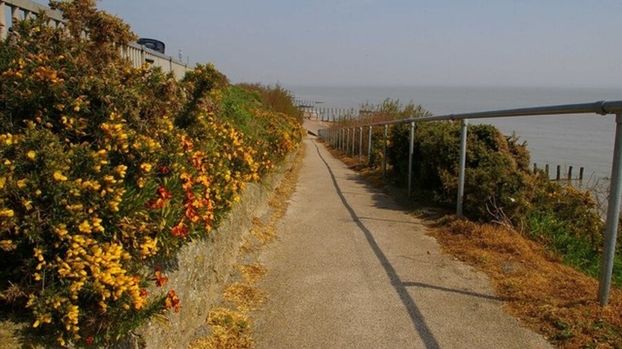 Photo "Cliff Path at Holland This is one of the cliff paths at Holland on Sea leading from the upper promenade and cycle path to the lower promenade along the sea wall." by Glyn Baker (Creative Commons Attribution-Share Alike 2.0) / Cropped from original