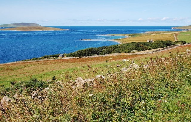 Westness and Eynhallow Sound With the island of Eynhallow to the left, and Costa Hill on Mainland, beyond. This side of Rousay is relatively sheltered, and quite wooded as a consequence.