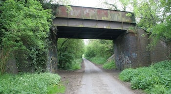 Copt Oak Road, Narborough. Old railway bridge, now carrying a public walkway, Whistle Way, across the road. The bridge is right on the featured square's southern boundary.