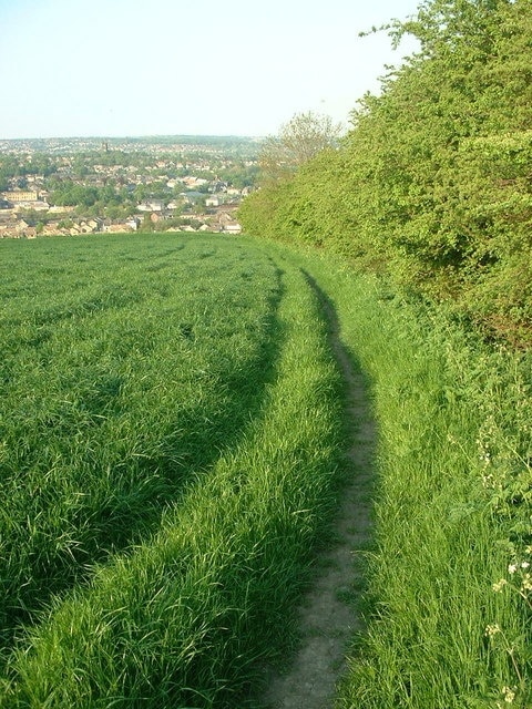 Footpath beside a hedge, Upper Hopton. Mirfield can be seen in the distance