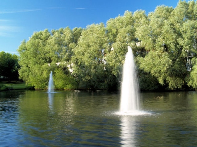 Fountains in man made lake. There are 3 man made lakes on the estate.