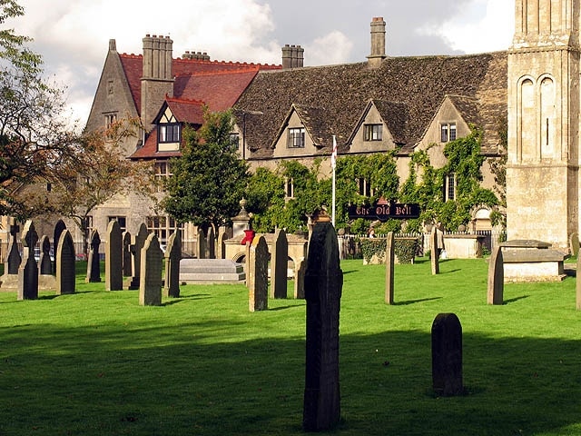 Malmesbury Abbey Graveyard. As often seems to happen in Britain, the inn and the abbey are next to each other The graveyard is at the entrance to the abbey.