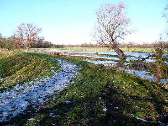 The path from Hemingford Abbots to Hemingford Grey The water high in the River Great Ouse in the background. The path is the track of an old mineral railway.