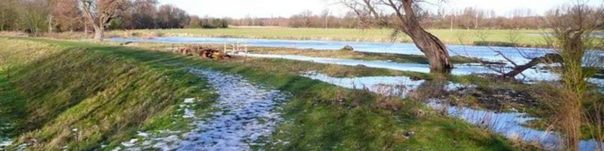 Photo "The path from Hemingford Abbots to Hemingford Grey The water high in the River Great Ouse in the background. The path is the track of an old mineral railway." by Gordon Brown (Creative Commons Attribution-Share Alike 2.0) / Cropped from original